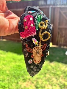 Rodeo Embellished Black Sequin Headband with Colorful Beadwork